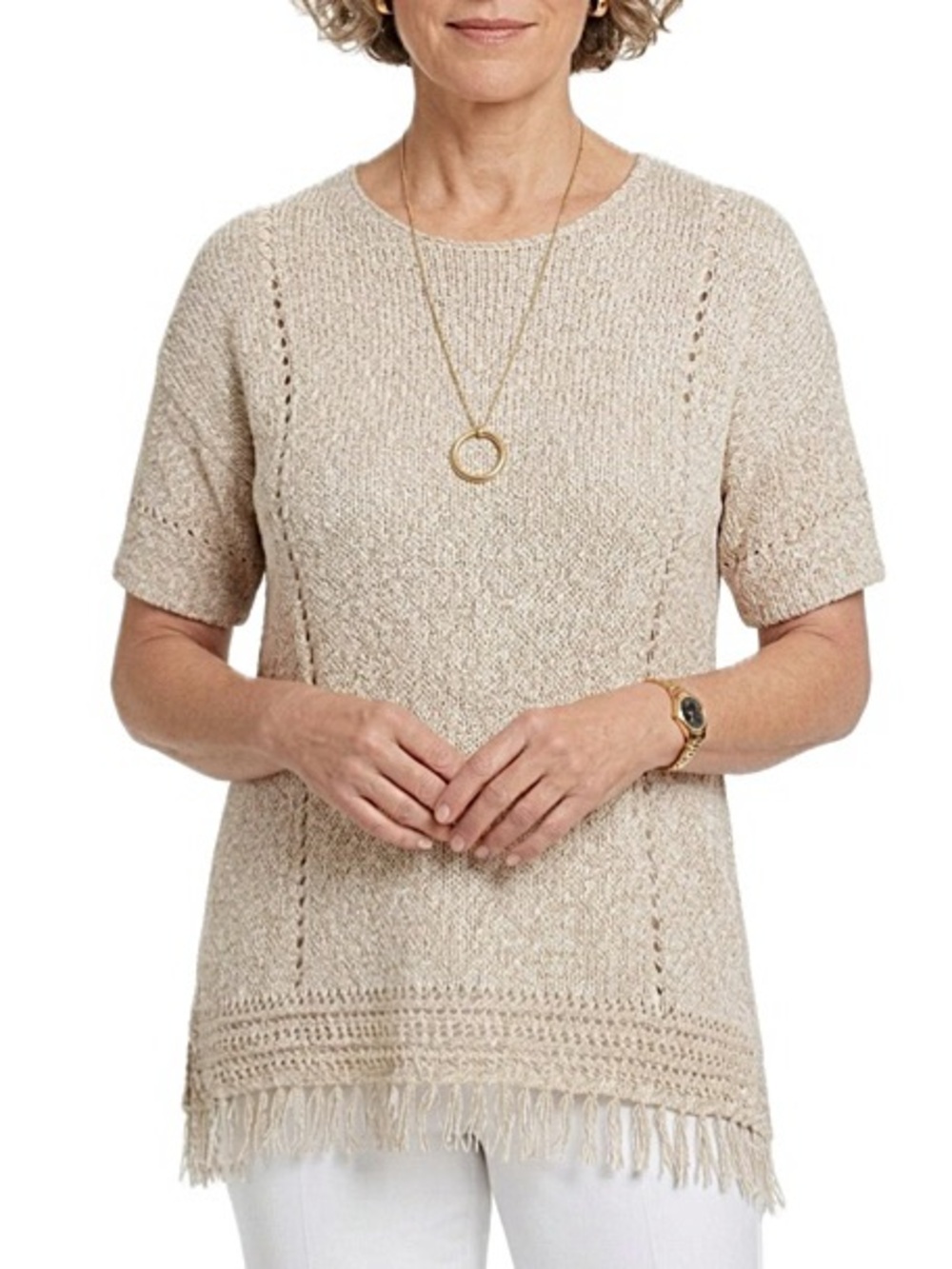 Coldwater Creek Fringe Hem Short Sleeve Tunic Sweater Petite Size Large Cream
